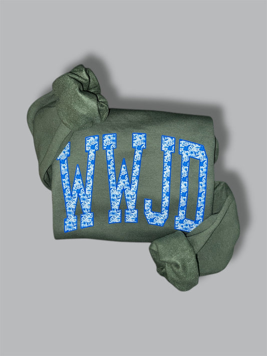 WWJD Blue Floral Crewneck